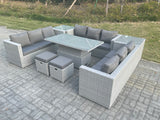 Fimous U Shape Lounge Rattan Garden Furniture Set Adjustable Rising Lifting Table Dining Set With Side Coffee Tea Tables Stool