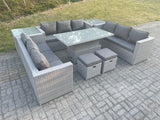 Fimous U Shape Lounge Rattan Garden Furniture Set Adjustable Rising Lifting Table Dining Set With Side Coffee Tea Tables Stool