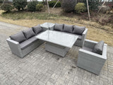 Fimous Rattan Garden Funiture Set Adjustable Rising Lifting Table Sofa Dining Set With Arm Chair And Side Table