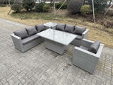 Fimous Rattan Garden Funiture Set Adjustable Rising Lifting Table Sofa Dining Set With Arm Chair And Side Table