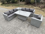 Fimous Rattan Garden Funiture Set Adjustable Rising Lifting Table Sofa Dining Set With Arm Chair And Side Table