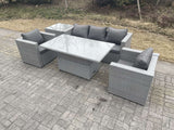 Fimous Rattan Garden Funiture Set Height Adjustable Rising Lifting Table Loung Sofa Dining Set With 2 Arm Chair Side Coffee Table