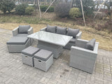 Fimous Rattan Garden Funiture Set Adjustable Rising Lifting Table Lounge Sofa Dining Set 2 Chairs Big And Small Footstool