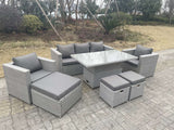 Fimous Rattan Garden Funiture Set Adjustable Rising Lifting Table Lounge Sofa Dining Set 2 Chairs Big And Small Footstool