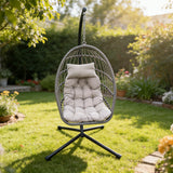 Fimous Indoor Outdoor Hammock Patio Rattan Single Egg Hanging Chair Garden With Grey Thick Cushion