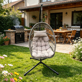 Fimous Rattan Garden Hammock Foldable Single Hanging Egg Chair Indoor Outdoor Patio Furniture with Grey Cushion