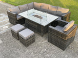 Fimous Outdoor Rattan Garden Furniture Corner Sofa Set Gas Fire Pit Table Sets Gas Heater Lounge Small Footstools Chair Dark Grey 9 Seater
