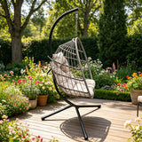 Fimous Rattan Garden Hammock Foldable Single Hanging Egg Chair Indoor Outdoor Patio Furniture with Grey Cushion