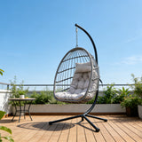Fimous Indoor Outdoor Hammock Patio Rattan Single Egg Hanging Chair Garden With Grey Thick Cushion