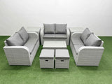 Fimous  8 Seater PE Wicker Rattan Furniture Sofa Sets with Rectangular Coffee Table 2 Seater Love Sofa 2 Stool 2 Side Table Light Grey