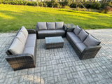Fimous Rattan Lounge Sofa Set 9 Seater Outdoor Garden Furniture Set with Rectangular Coffee Table 3 Seater Sofa Side Table Dark Grey Mixed