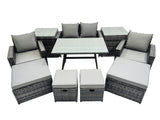 Fimous 8 Seater Wicker PE Rattan Furniture Outdoor Dining Table Double Seat Sofa 2 Side Tables 4 Stools Sets Dark Grey Mixed
