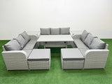 Fimous PE Rattan Lounge Sofa Set 11 Seater Outdoor Garden Furniture Set with Rectangular Dining Table 3 Seater Sofa 2 Big Footstools 2 Side Table Light Grey