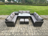Fimous Patio Rattan Garden Furniture Set with Oblong Rectangular Dining Table 2 Small Footstools Side Table 11 Seater Outdoor Lounge Sofa Set Dark Grey Mixed