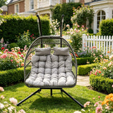 Fimous Indoor Outdoor Hammock Patio Rattan Double Egg Hanging Chair Garden With Grey Thick Cushion