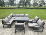 Fimous 10 Pieces Aluminium Garden Furniture Sets with Adjustable Rising Lifting Dining Table,Chair,2 Small Footstools 11 Seater Corner Sofa Set Dark Grey