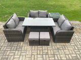 Fimous Rattan Garden Outdoor Furniture 3 PC Love Sofa Set Patio Adjustable Rising lifting Dining Table With Side Table 2 Small Footstools