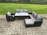 Fimous 8 Seater Rattan Garden Furniture Set Oblong Rectangular Dining Table and Chairs Set with 3 Seater Sofa Big Footstool Dark Grey Mixed