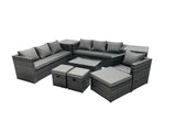Fimous Rattan Garden Furniture Dining Set 10 seater Patio Coffee Table Sofa Set with 3 Stools 2 Side Tables Dark Grey Mixed
