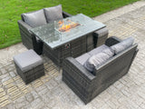 Fimous Rattan Outdoor Furniture Gas Fire Pit Rectangle Dining Table Gas Heater Love Sofa Small Footstools Sets 6 Seater