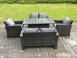 Fimous 6 Seater Outdoor Dark Grey Mixed High Back Rattan Sofa Dining Table Set Garden Furniture Arm Chairs Love Sofa