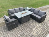 Fimous Rattan Outdoor Furniture Gas Fire Pit Rectangle Dining Table Gas Heater Reclining Chair 3 Seater Sofa Sets with Side Table 7 Seater