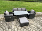 Fimous Wicker PE Rattan Garden Furniture Set Outdoor Rectangular Dining Table and Chair Sofa Set With Big Footstool Dark Grey Mixed