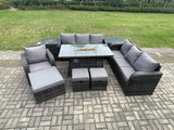 Fimous Wicker Rattan Garden Furniture Set Gas Fire Pit Dining Table Reclining Chair 3 Seater Sofa Set Indoor Outdoor with 2 Side Tables 3 Footstools 10 Seater