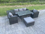 Fimous PE Wicker Rattan Garden Furniture Set Outdoor Rectangular Dining Table Lounge Sofa Chair with Side Table Stool 6 Seater