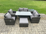 Fimous Rattan Furniture Outdoor Garden Dining Set Patio Height Adjustable Rising lifting Table Love Sofa Chair With Side Table Big Footstool