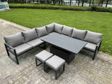 Fimous 8 Piece L-shaped Garden Furniture Set 9-Seater Aluminium Outdoor Dining Set with Adjustable Rising Lifting Dining Table 2 Small Footstools Dark Grey