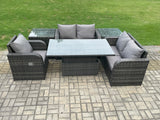 Fimous 5 Seater Rattan Furniture Garden Dining Set Outdoor Height Adjustable Rising lifting Table Love Sofa Chair With 2 Side Tables