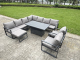 Fimous 10 Seater Aluminium Sofa Set 9 Pieces Outdoor Garden Furniture - Rising Dining Table with Cushions Big Footstool 2 Chair Footstool Dark Grey