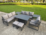 Fimous Aluminium Garden Furniture Sets,9 Seater Outdoor Sofa Dining Set with Adjustable Rising Lifting Dining Table 2 Side Tables 2 Small Footstools for Yard,Poolside, Patio, Dark Grey