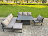 Fimous Aluminium Garden Furniture Sets,8 Seater Outdoor Sofa Dining Set with Adjustable Rising Lifting Dining Table Big Footstool for Yard,Poolside, Patio, Dark Grey