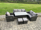 Fimous 8 Seater Rattan Garden Furniture Set with Patio Sofa Rectangular Dining Table 2 Small Footstools Indoor Conservatory Patio Set