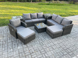 Fimous 9 Seater Outdoor Rattan Garden Furniture Set Conservatory Patio Sofa Coffee Table With Reclining Chair 2 Big Footstool 2 Side Tables Dark Grey Mixed