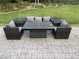 Fimous Rattan Garden Furniture Sofa Set Outdoor Adjustable Rising Lifting Dining Table Set with 2 Armchairs 2 Side Tables Dark Grey Mixed