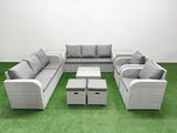 Fimous PE Rattan High Back Lounge Sofa Set Patio Square Coffee Table & Chairs Set with 3 Seater Sofa Reclining Chair Stools 2 Side Table Light Grey