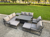 Fimous Garden Aluminium Furniture Set Dark Grey 10 Seater Outdoor Patio Adjustable Rising Lifting Dining Table with 2 Big Footstools Side Table Dark Grey