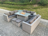 Fimous Light Grey U Shape Lounge Sofa Dining Set With Gas Heater Firepit Burner Dining Table Side Coffee Tea Table Big Stools