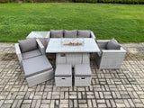 Fimous Outdoor Garden Dining Sets Rattan Furniture Gas Fire Pit Dining Table With 2 Armchairs Side Table 3 Footstools Light Grey