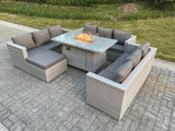 Fimous Light Grey U Shape Lounge Sofa Dining Set With Gas Fire Pit Rattan Garden Furniture Set Heater Burner Big Footstool