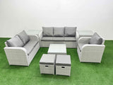 Fimous Patio PE Wicker 8 Seater Outdoor Rattan Furniture Sofa Sets with Square Coffee Table Reclining Chair Loveseat Sofa 3 Seater Sofa Stool 2 Side Table Light Grey