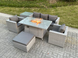 Fimous Rattan Garden Furniture Set Gas Fire Pit Lounge Sofa Chair Dining Set With Side Table And 2 PC Arm Chair Footstool