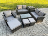 Fimous Rattan Garden Furniture Set 8 Seater Patio Outdoor Lounge Sofa Chair Set with Rectangular Coffee Table 3 Footstools Side Table Dark Grey Mixed