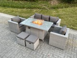 Fimous Light Grey Rattan Garden Furniture Set Gas Fire Pit Dining Table Set Heater Burner Chairs With 2 PC Stools