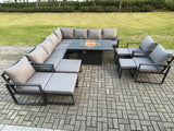 Fimous Aluminium 14 Seater Lounge Corner Sofa Outdoor Garden Furniture Sets Gas Fire Pit Dining Table Set Dark with 3 Chairs 2 Big Footstools 2 Small Footstools Grey