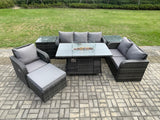 Fimous Garden Patio Furniture Wicker Rattan Gas Fire Pit Table and Sofa Chair set with 2 Side Tables Big Footstool