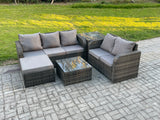 Fimous PE Rattan Garden Furniture Sets 6 Seater Outdoor Lounge Sofa Set Square Coffee Table Big Footstool Side Table